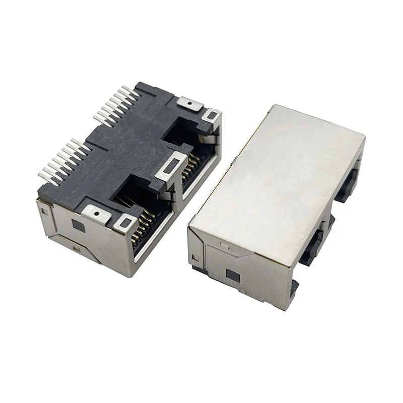 RJ45 network port socket, double-port full sticker, 90-degree horizontal twin 8P8C surface mount network communication connector