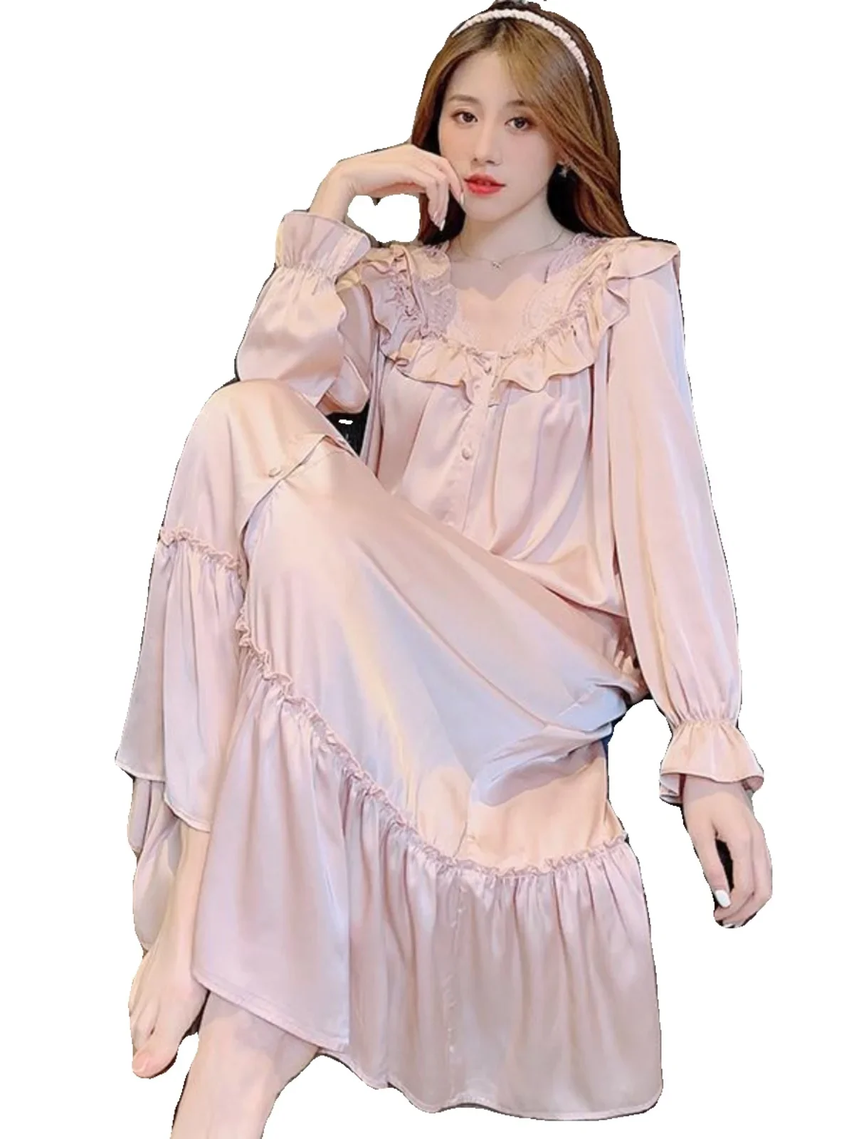 Vintage Women's Sleepwear Princess Sweet Spring Autumn Female Pajamas Long-Sleeved Style Nightgown Homewear