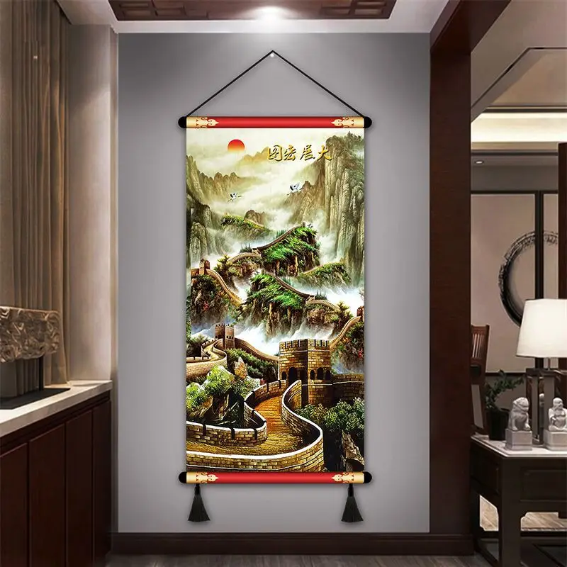 

Vertical The Great Wall Scroll Painting,NewChinese Style LandscapeWall Decor for Hotel Living Room Office Corridor,Feng Shui Art