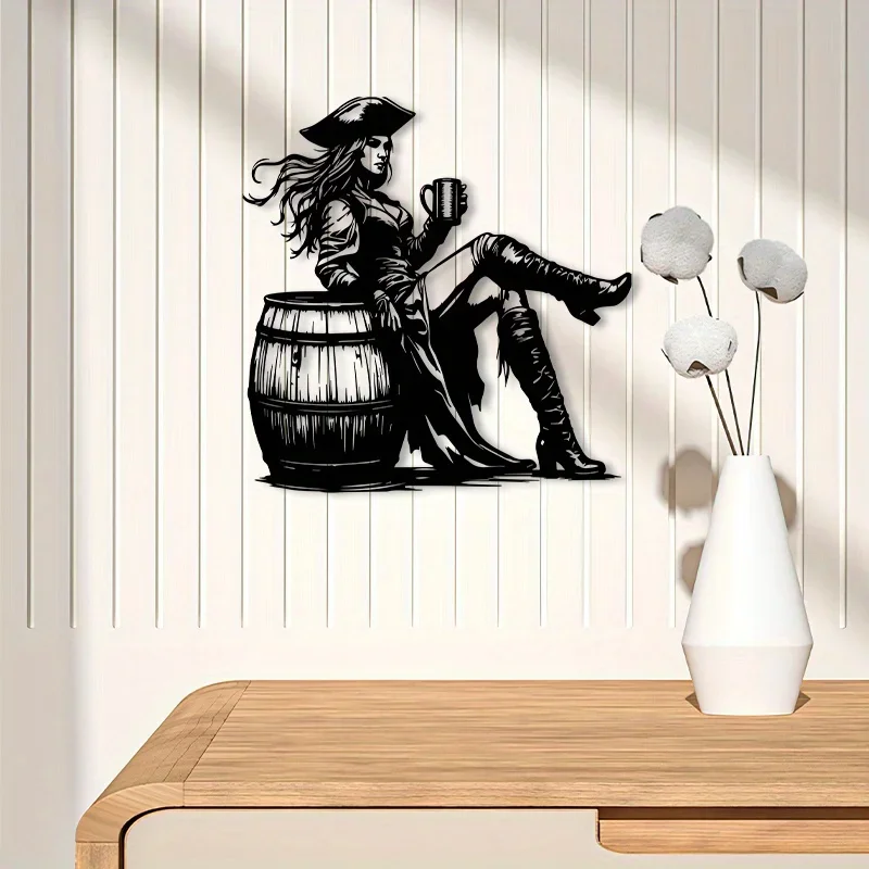Brand 2D Flat Vintage Pirate Woman Metal Wall Art,Laser‑Cut Steampunk Nautical Silhouette Ornament for Home Office