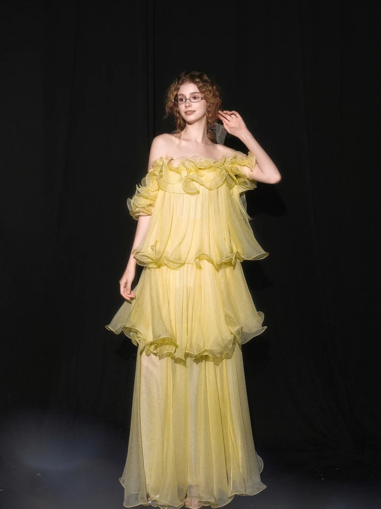 Yellow One-Shoulder Light Wedding Dress for Women Performance Evening Gown Morning Robe Host Atmosphere Sensation Unique Style