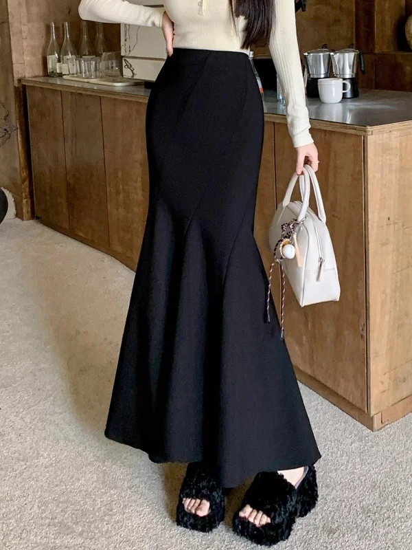 

Черная женская юбка-трапеция Bla Suit Sle с высокой талией, универсальная, для весны, осени и лета, стройнящая, струящаяся, длинная, с запахом