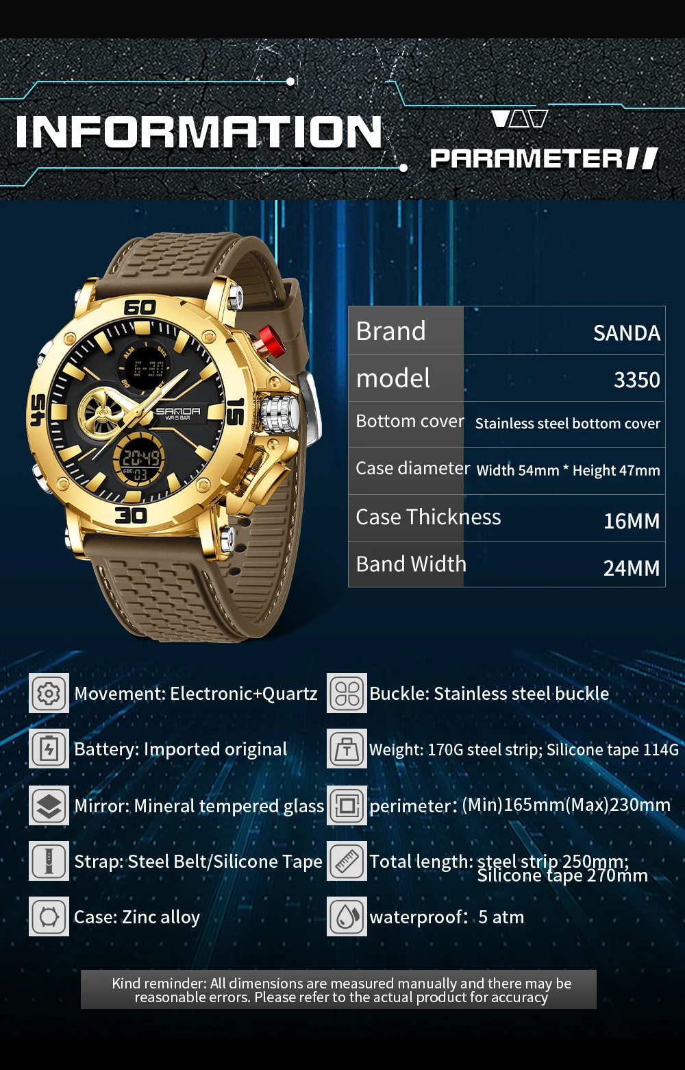 SANDA 3350 ساعة إلكترونية عصرية وعصرية للرجال رياضية متعددة الوظائف مقاومة للماء عرض مزدوج ساعة إلكترونية للرجال