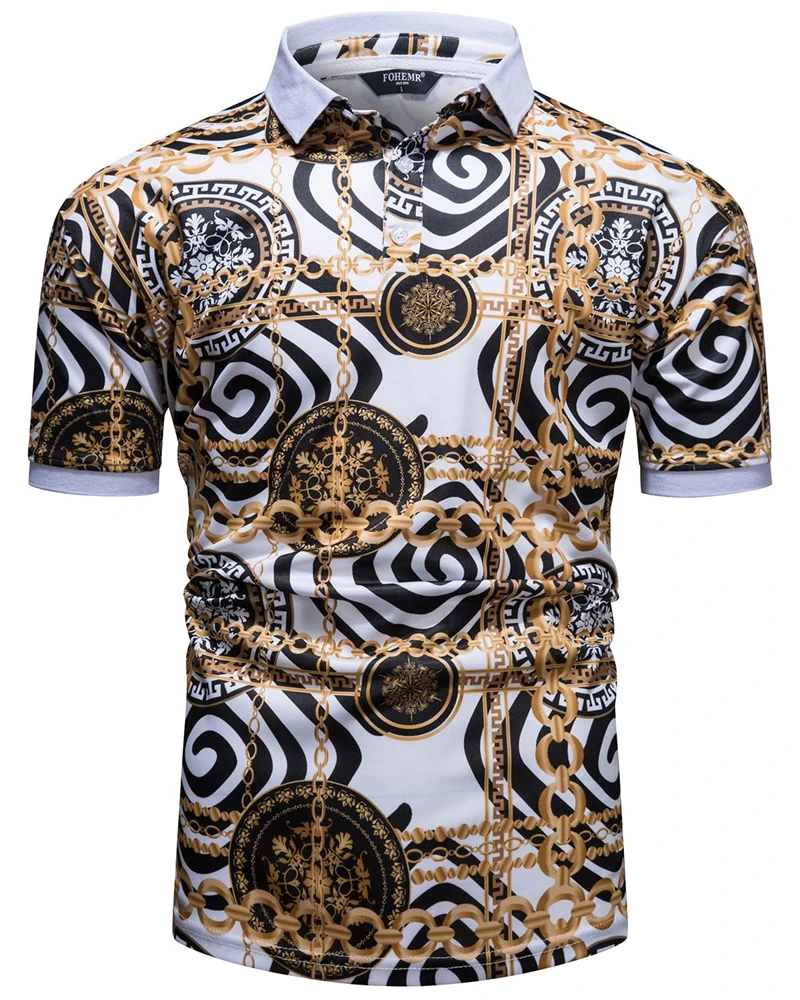 Luxury Golden Chain Graphic Polo Shirts For Men Clothes Retro Baroque Lapel Short Sleeve Summer Fresh Casual POLO Shirt Tops