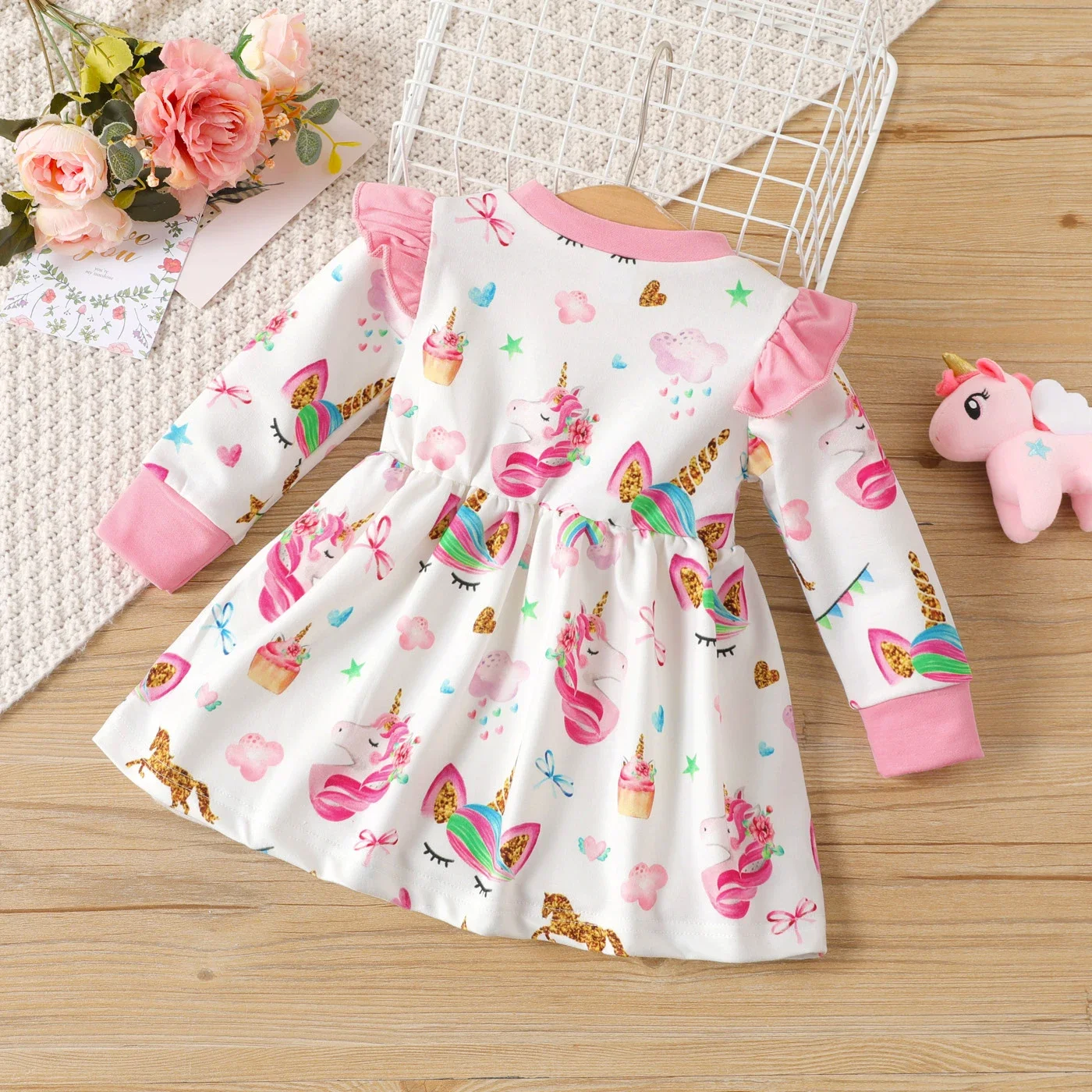 PatPat Baby Girl Sweet Ruffle Edge Animal Unicorn Pattern Long Sleeve Dress Casual/Outdoor Full print Animal pattern