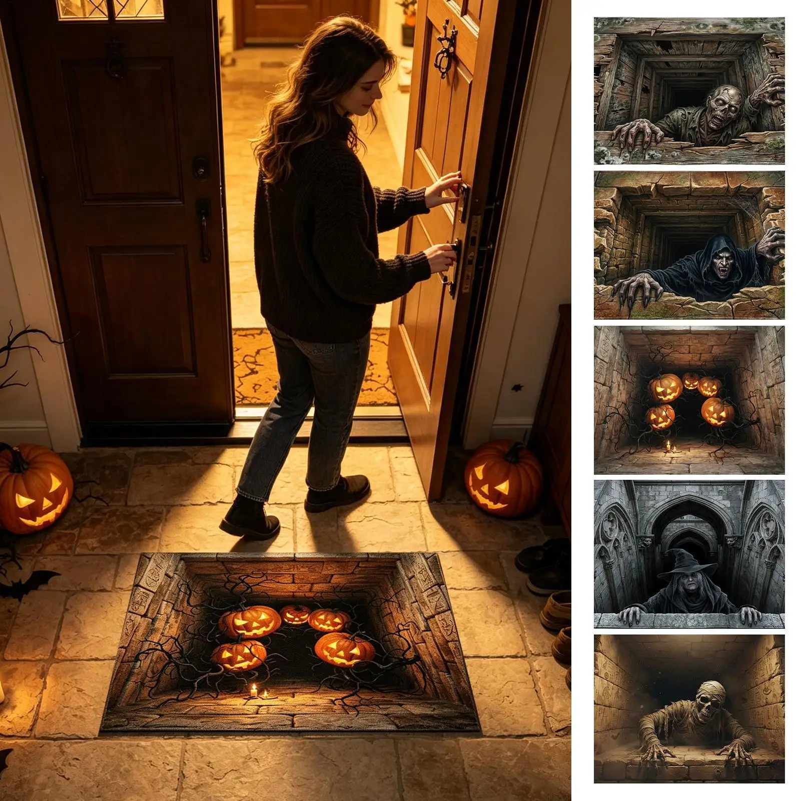 Halloween Door Mat Non Slip Optical Illusion Entryway Rug 60x40cm Skull Ghost Bath Mat Abyss Floor Home Apartment Living Room
