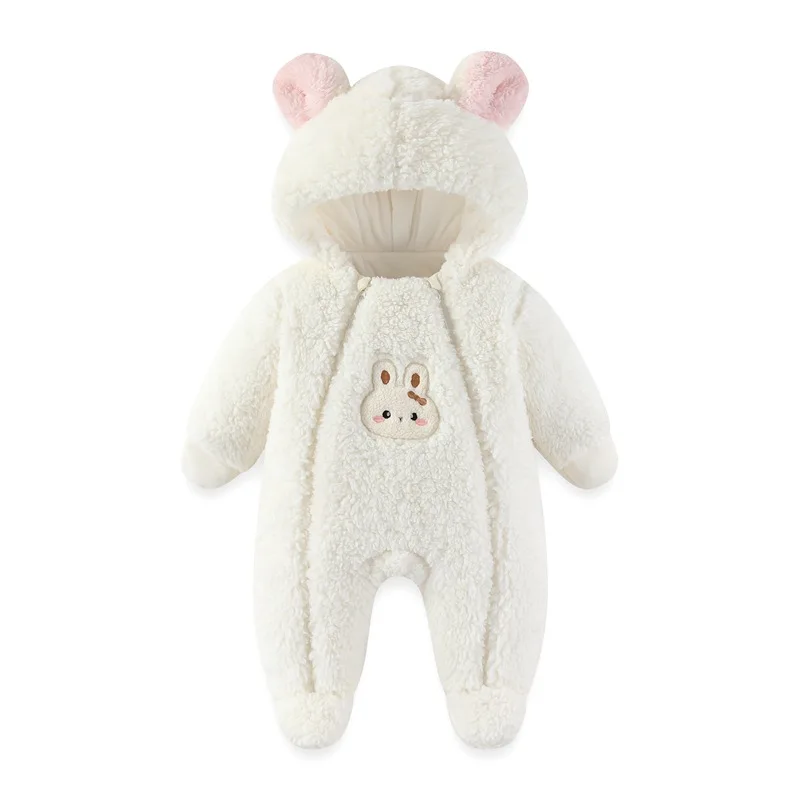 Baby Infant Fleece Hooded Footed Jumpsuit Animal Embroidery Zipper Thick Warm Winter Outerwear Long Sleeve Romper Daily Outfit