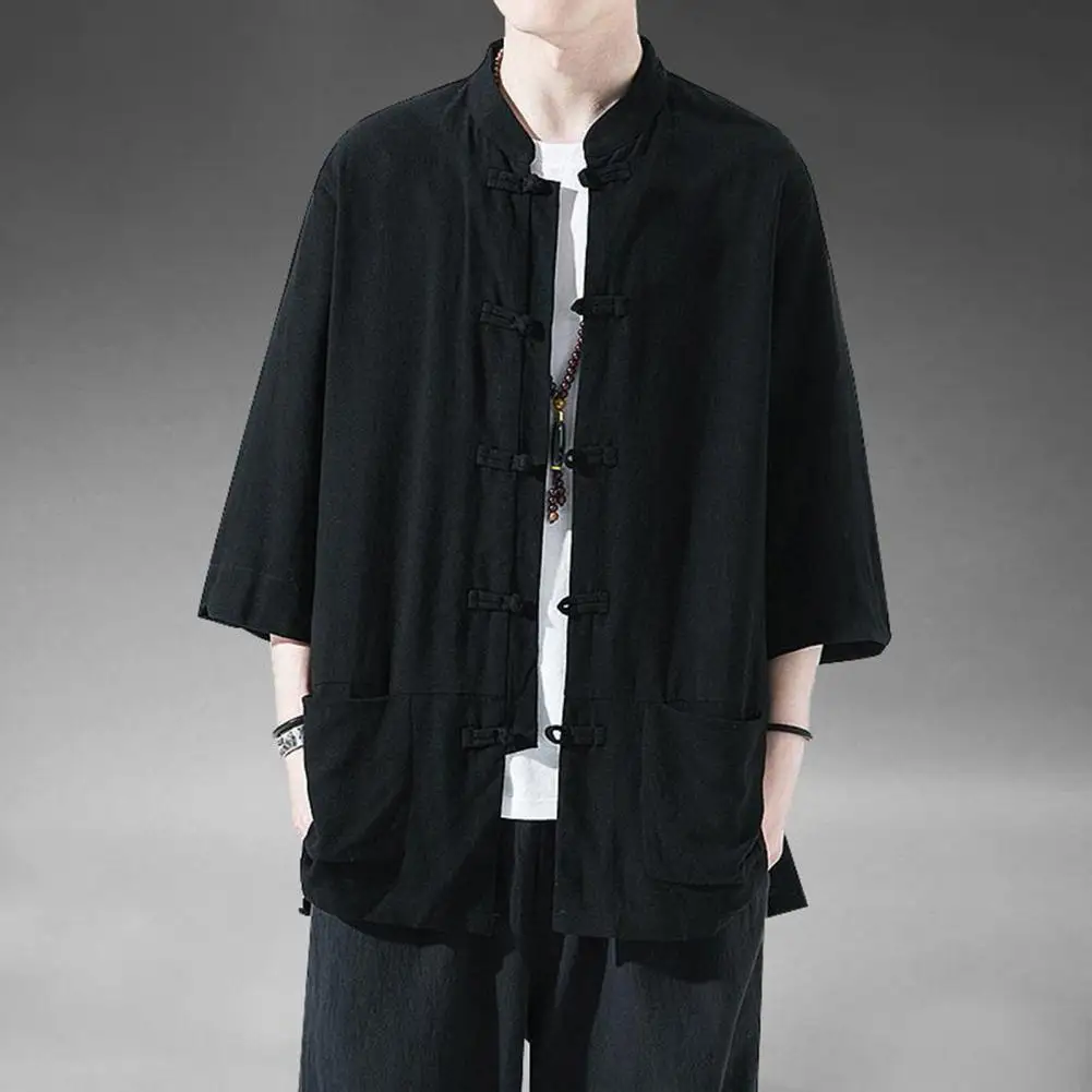 قميص عمل رجالي مع جيوب قميص رجالي من القطن والكتان على الطراز الصيني مجموعة قمصان ريترو بأزرار سفلية لحفلات الشارع للبدلة