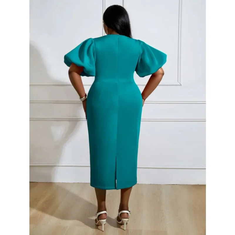 Women Modest Church Dress Short Lantern Sleeve Sheath Elegant Mid-Calf Length Gowns African Female Evening Birthday Event  Robe