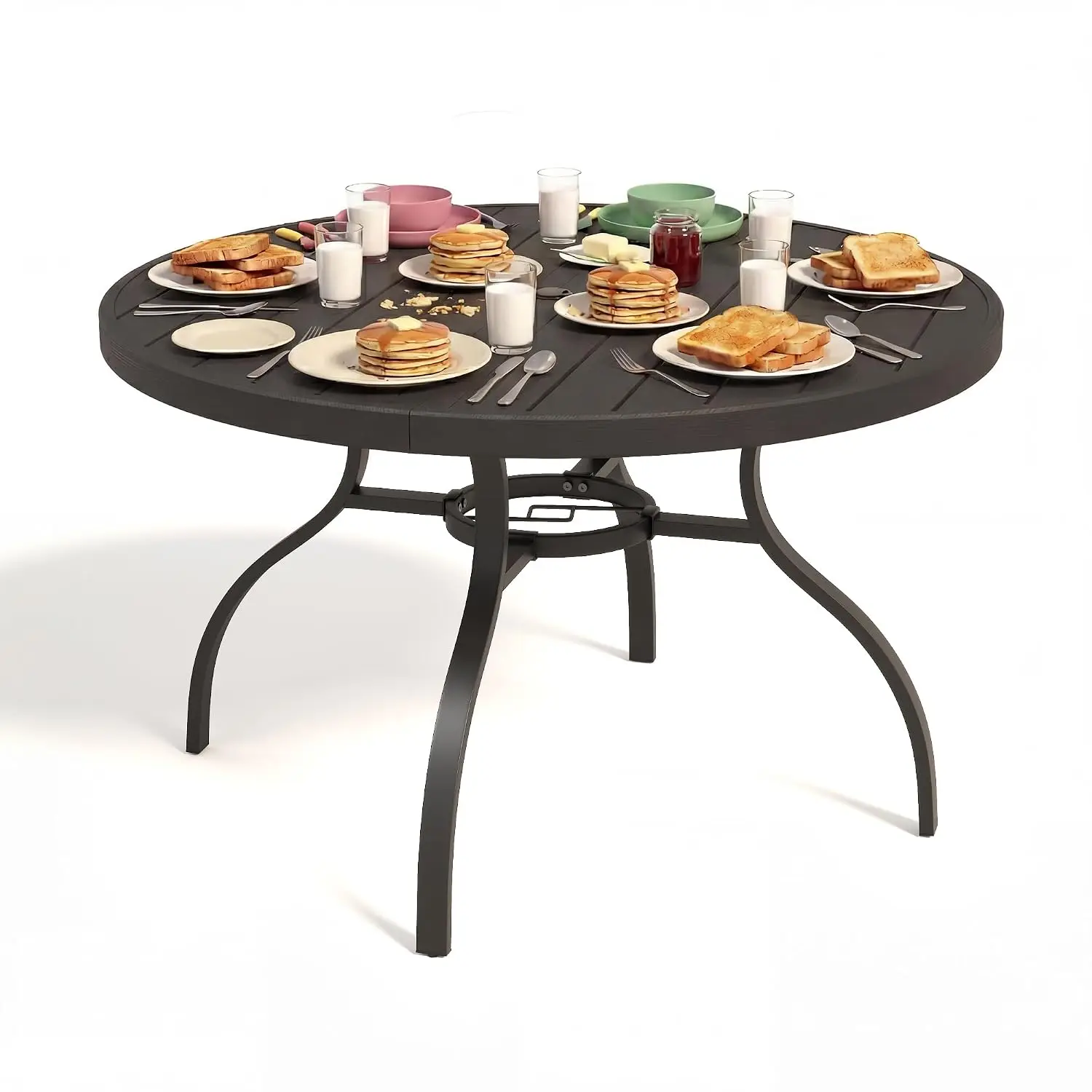 47” Patio Outdoor Dining Table, Wood-Grain Patio Round Table with Umbrella Hole, All-Weather Metal Dining Tables