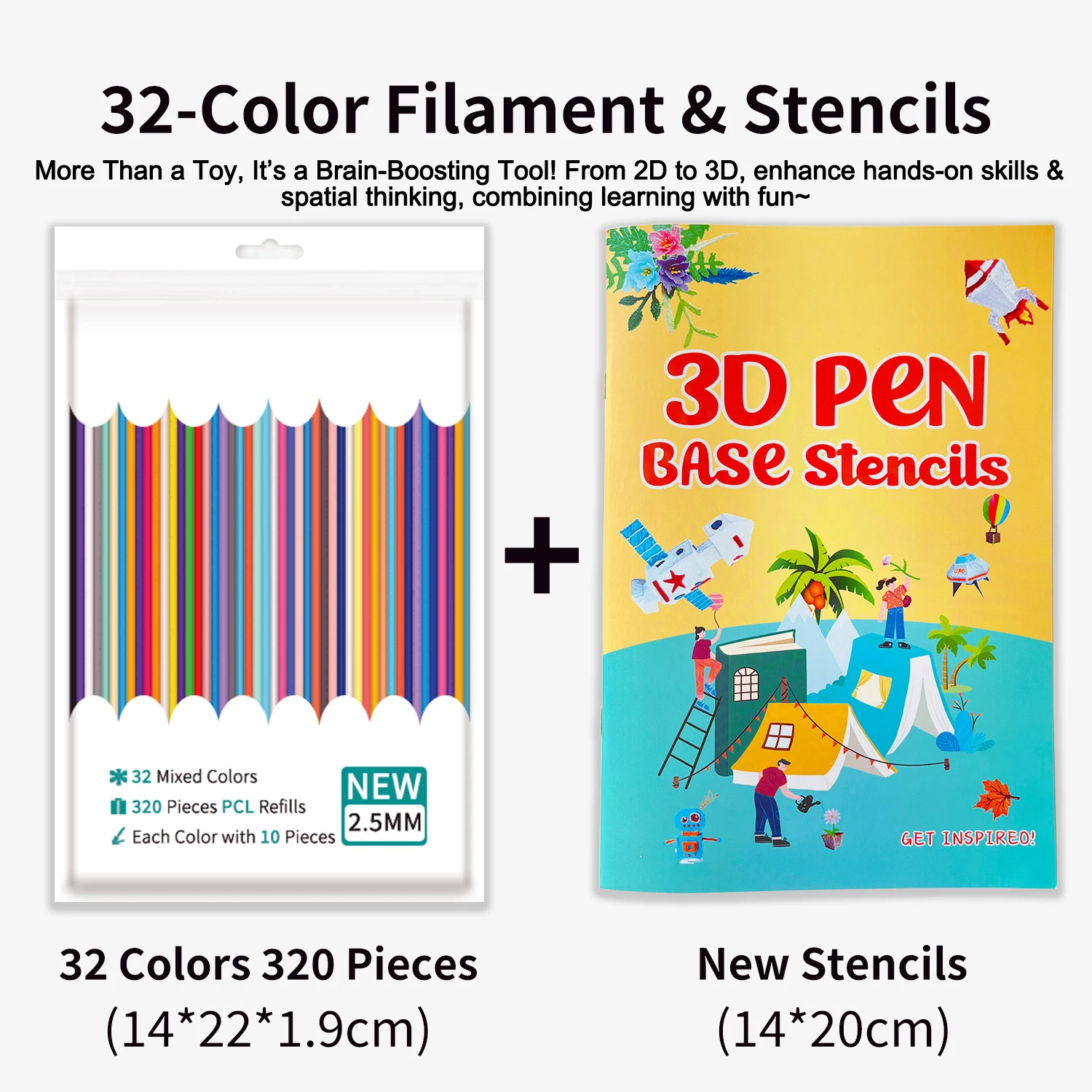 

32 цвета PCL-филамента: подарок для детей и развивающая игрушка, 2,5 мм, низкотемпературный PCL 3D-филамент для 3D-ручек + базовая книга с трафаретами