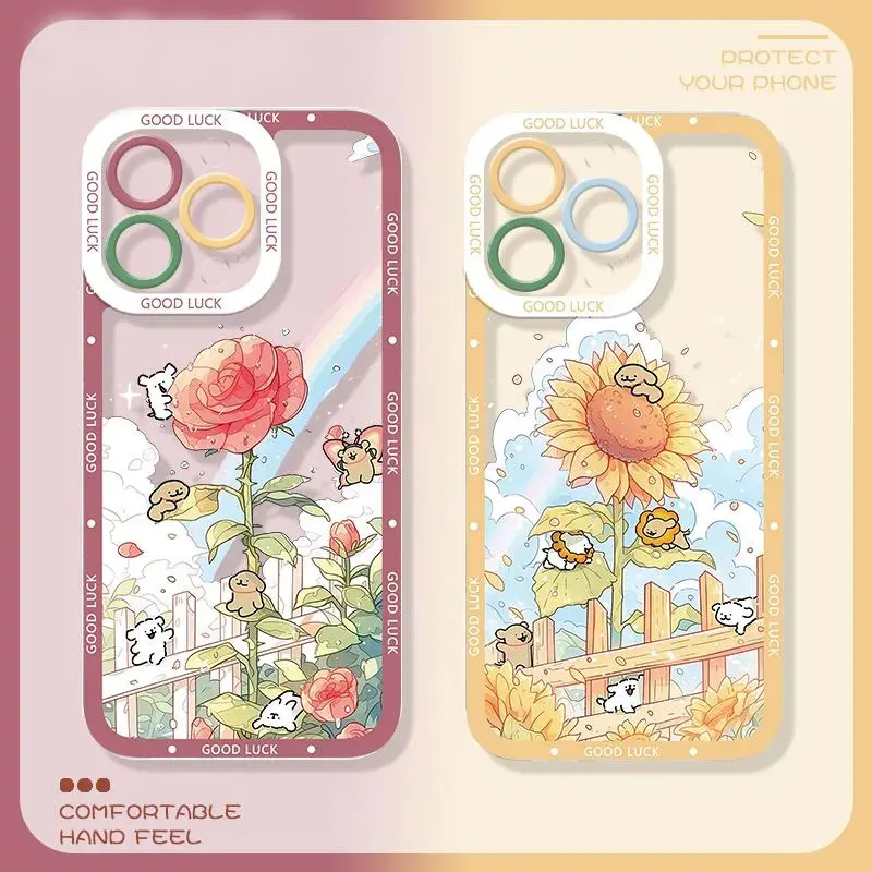 Sun Rose Sunflower Cute Dog Comic Style For iPhone Case 16 15 14 13 12 11 Pro XR XS Max 7 8 Plus Shockproof Phone Y2K INS Cover