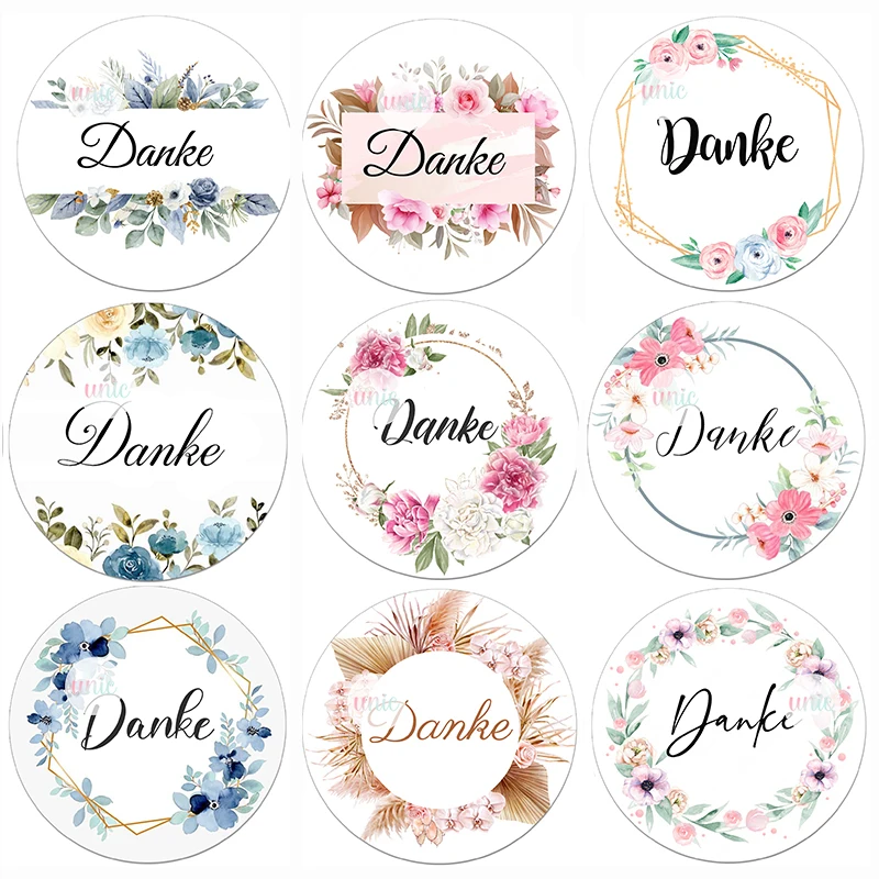 3.5/4.5cm Danke Round Stickers Thank you Labels Floral Frame Sticker Self-adhesive Seal Label Christmas Wedding Thanksgiving