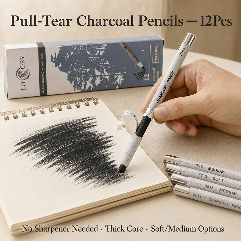 Pull Tear Paper Wrapped Charcoal Pencils 12Pcs Soft Medium Tear‑Off Sketch Drawing Pencils For Art Creation