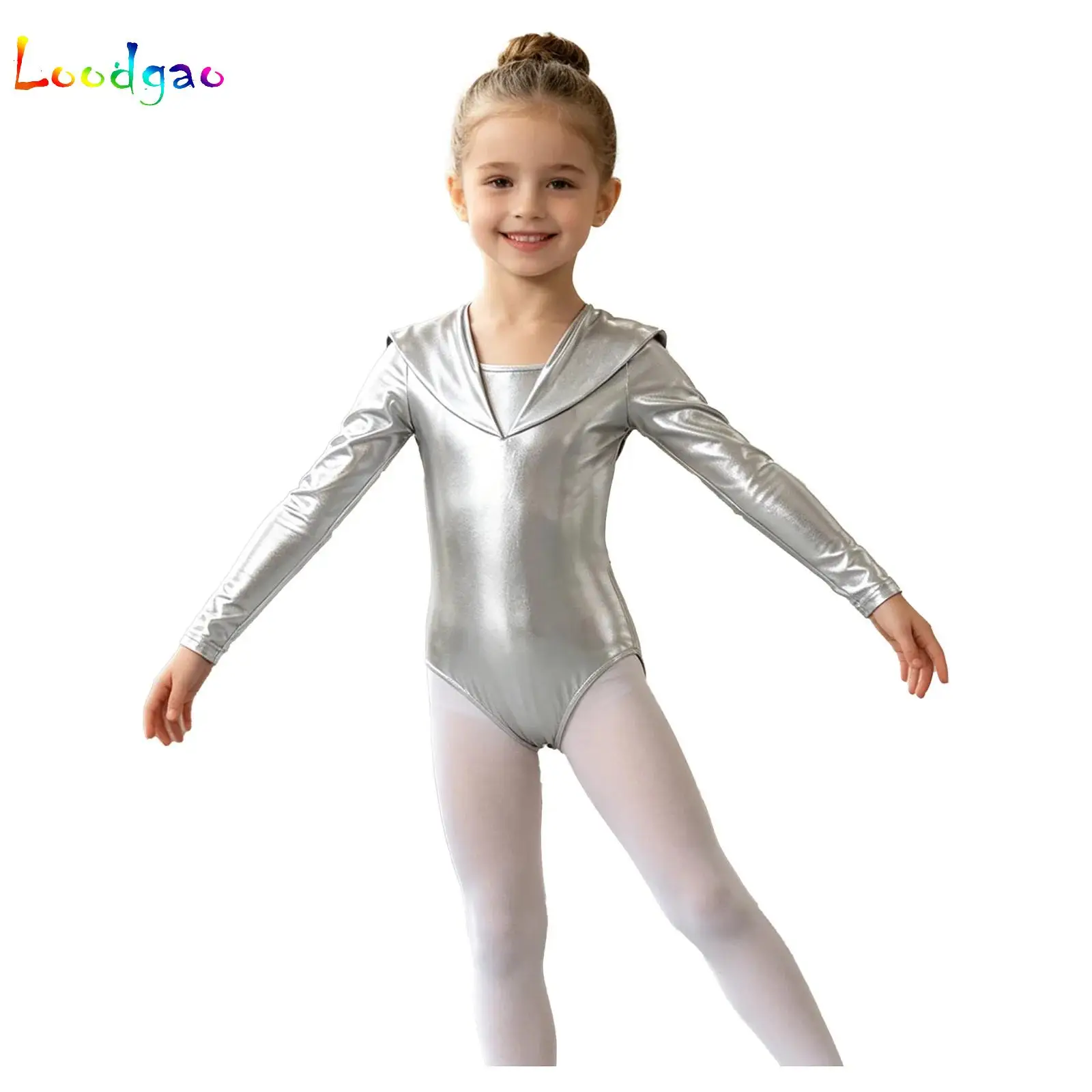 Kids Girls Alien Astronaut Leotard Long Sleeve Cutout Metallic Gymnastics Ballet Dance Bodysuit Performance Theme Party Costume