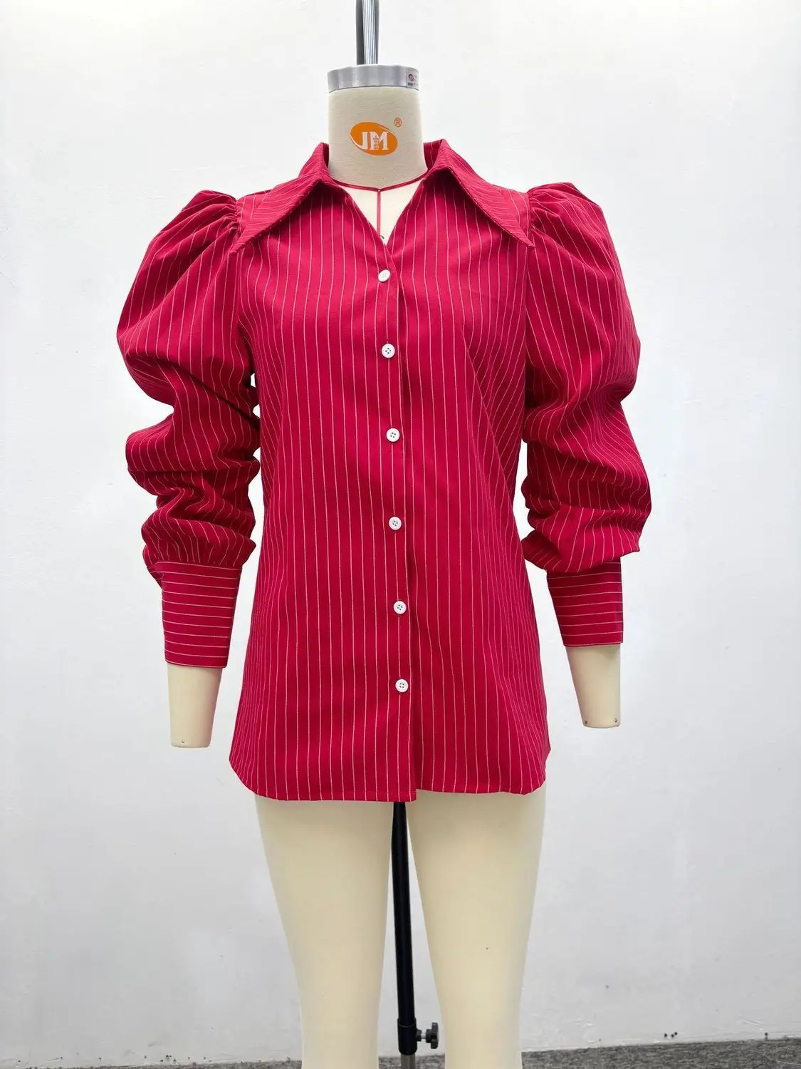 

Vintage Red Stripe Shirt Women's Causal Shirt Lantern Sleeve Button Down Blouse Office Work Tops Striped Puff Sleeve Shirt
