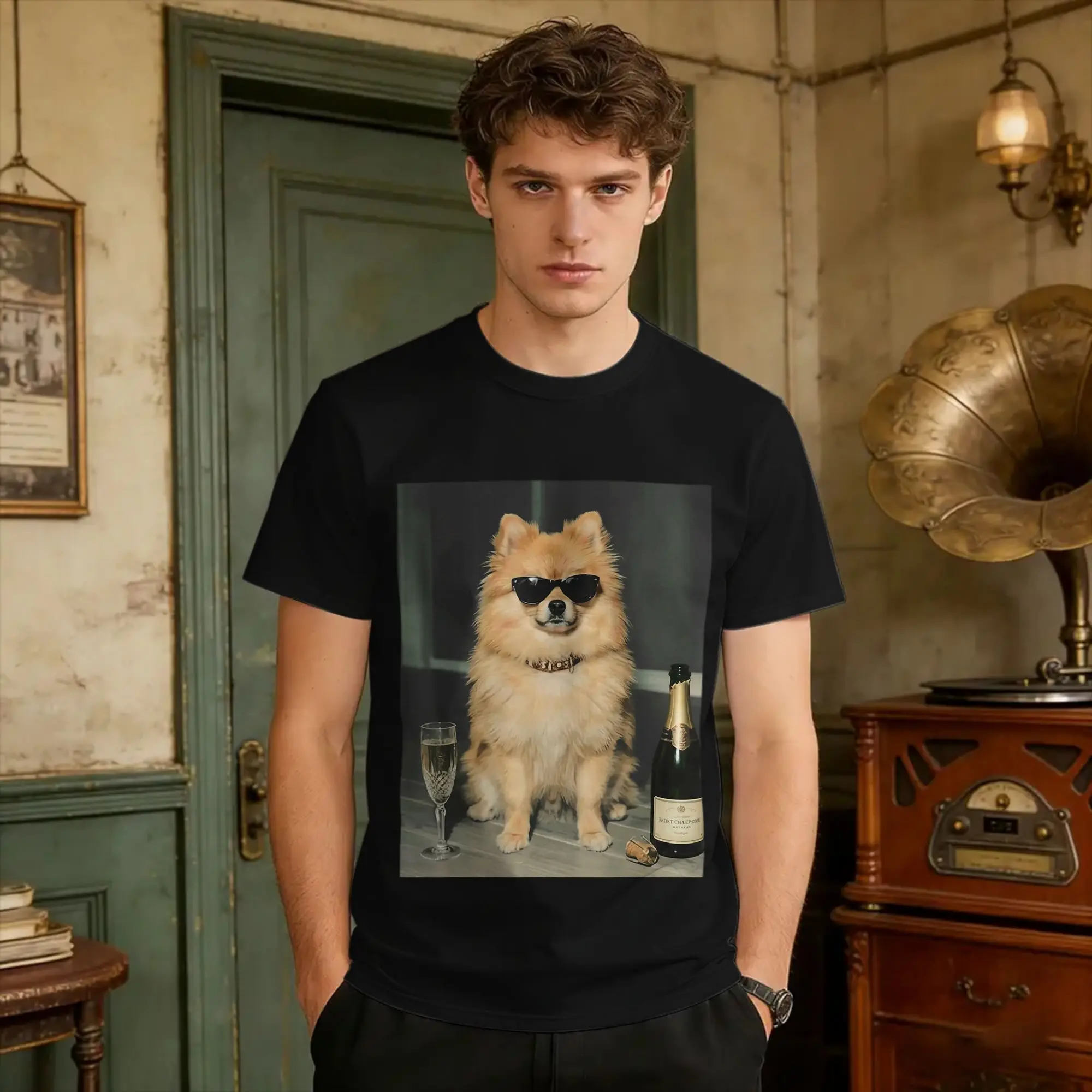 Camiseta vintage con diseño de meme divertido de perro pomerania bebiendo champán, camiseta para hombre, camisetas de playa con cuello redondo, camisetas de ocio, ropa de talla grande