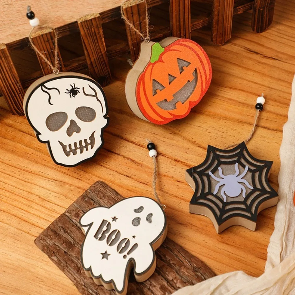 Portable Wooden Pumpkin Lantern Spider Halloween Decor Halloween Nightlight Pendant Ghost Lantern Halloween