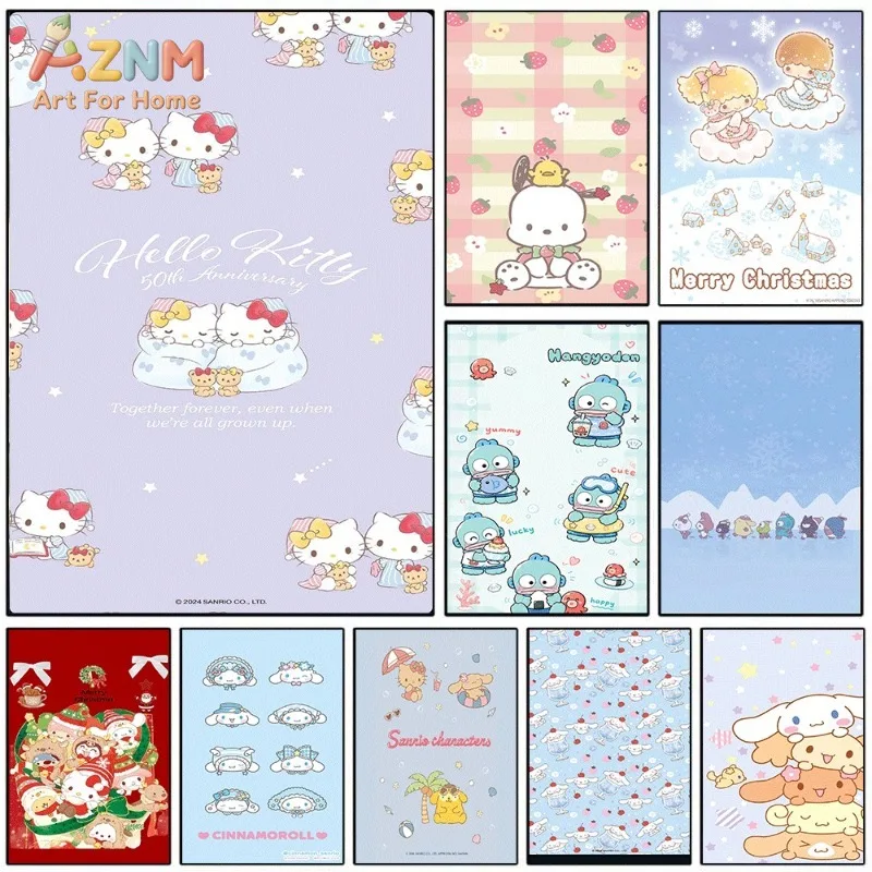 Sanrio Hello Kitty 50th Anniversary Purple Background Cute Cartoon Canvas Wall Art Unframed Canvas Poster Print for Kids Bedroom