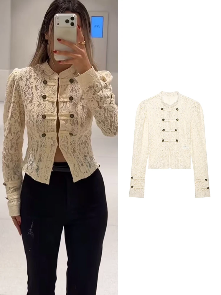 TFMLN 2026 Damen Spitzen-Cropped-Jacke Stehkragen Puffärmel Doppelreihige Knopfverzierung Schlanke Passform Mantel Elegante Damenmäntel