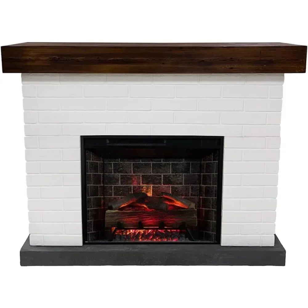 28 Inch Smart Electric Fireplace Insert W/Remote, Wood Mantel with White Brick Surround, Multi-Color LED Flames, Fireplace