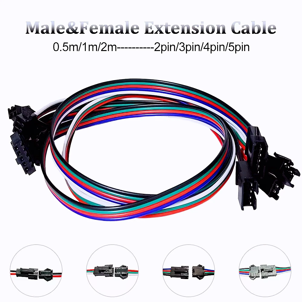 2Pin 3Pin 4Pin 5Pin Male and Female Extension Cable 0.5m 1m 2m JST Wire Plug Connector Cable for WS2811 WS2812 RGB LED Light Str