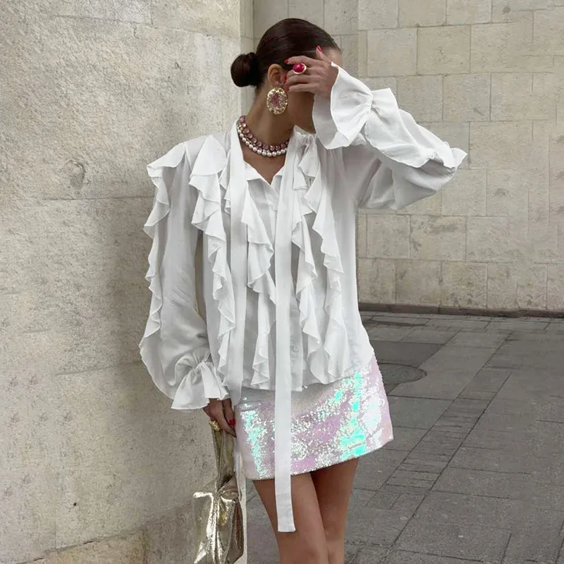 Bangniweigou 2025 Fashion Apricot Floating Ruffled Shirt Women Vintage Long Sleeve Tie Ribbons Collar Elegant Pleated Blouse