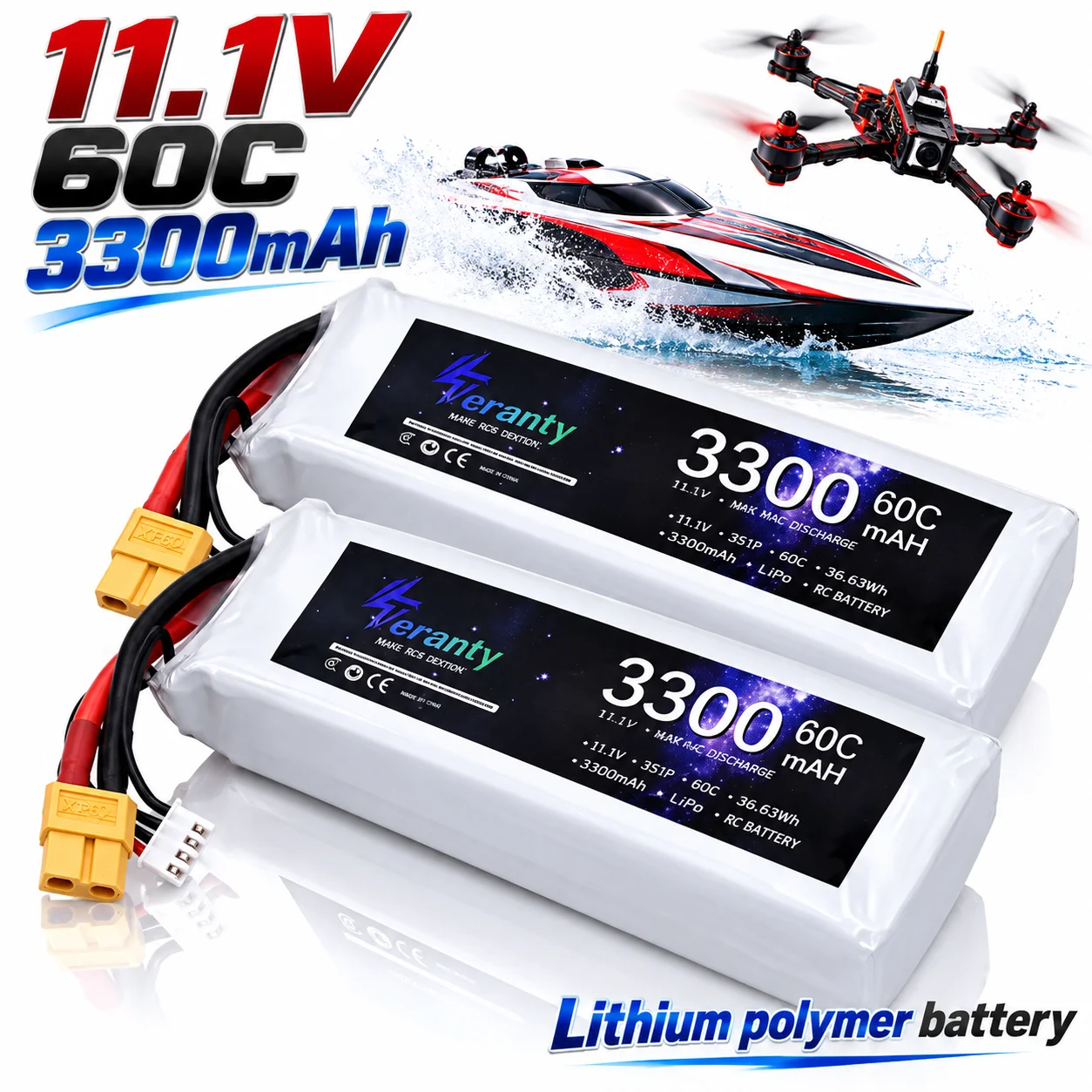 RC LiPo Battery 11.1V 3S 3300mAh 60C XT60 High Drain Pack for FPV Racing Drone Quadcopter Helicopter RC Car Boat Plane