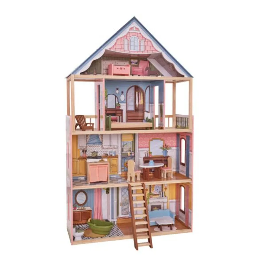 

Charlotte Classic Wooden Dollhouse with 15 Accessories for 12 Dolls Natural Wood Finish Timeless Design Durable Construction Id