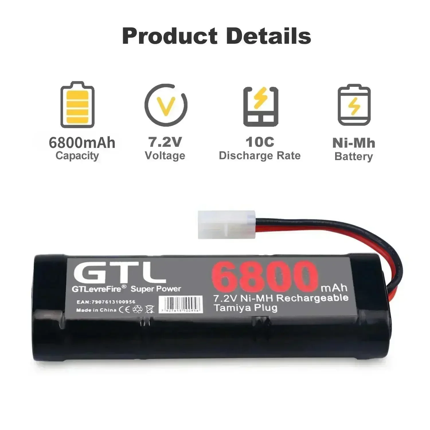 Batteria ricaricabile da 7,2 V Batteria Nimh RC da 6800 mAh con connettore di scarico Tamiya per giocattoli RC Auto da corsa Barca Aerei