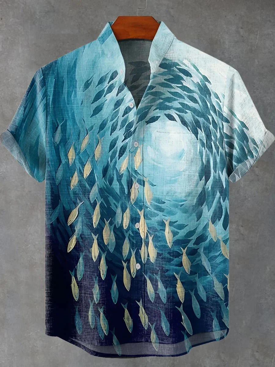 New men's summer 2025 retro fish pattern art shirt, casual linen short-sleeved, comfortable shirt for fishing enthusiasts - Image 3