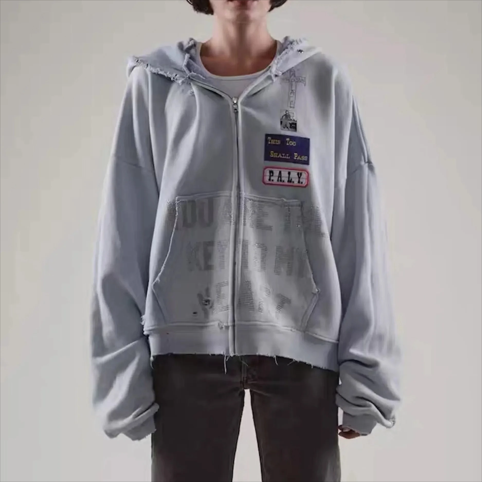 Paly hollywood light blue hot diamond washed old damaged zipper hooded sweater