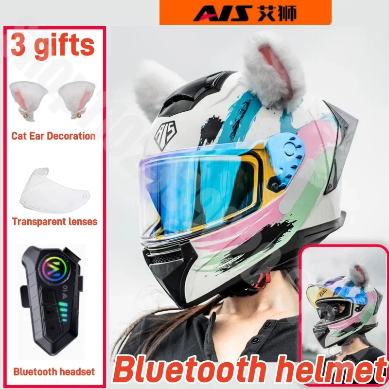 

AIS Helmet Motorcycle Bluetooth Full Helmet Motorcycle Racing Cross-country Large Tail Wing Helmet Color Lens with Cat's Ears