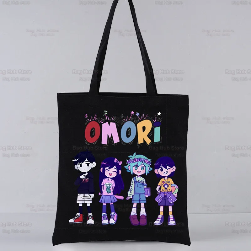 Omori-Bolso de lona negro de dibujos animados para mujer, bolsa de mano de Manga Kawaii, Harajuku, informal, Eco Shopper, bolsos de hombro para niña