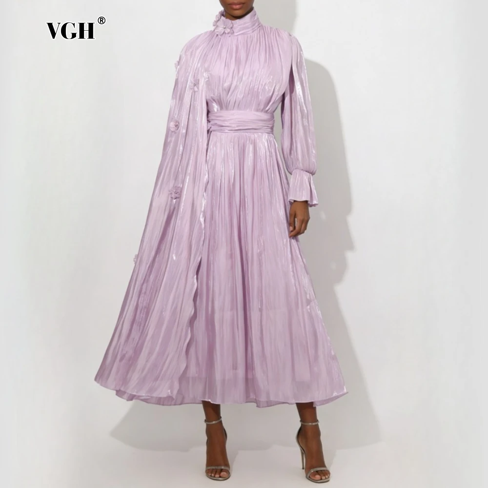 VGH Solid Loose Spliced Folds Chic Dresses for Women Turtleneck Long Sleeve Gentle Intellectual Dress Female Summer Fashion New