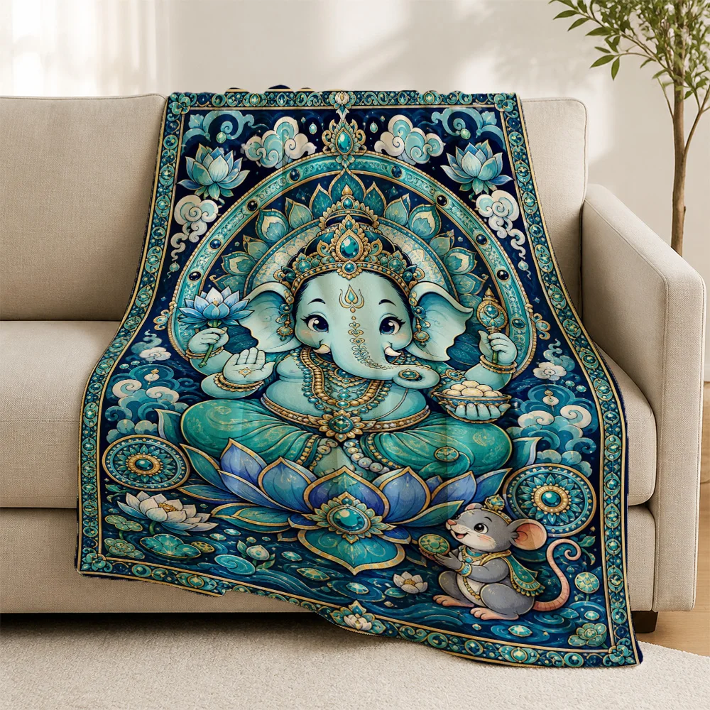 Decorative Ganesha Hindu Deity Sofa Throw Blanket Indian Mythology Spiritual Wall Art Living Room Seating Cushion Cover Blue Pea