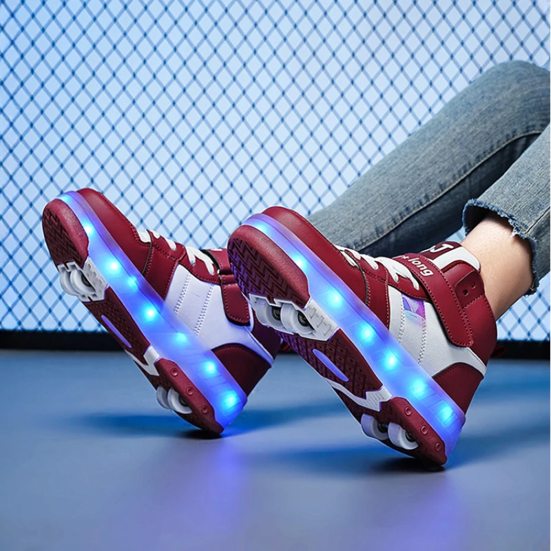 LED ローラースケートシューズ 4 輪取り外し可能なホイールシューズ男性と女性のハイトップ通気性スポーツシューズティーンエイジャースニーカー