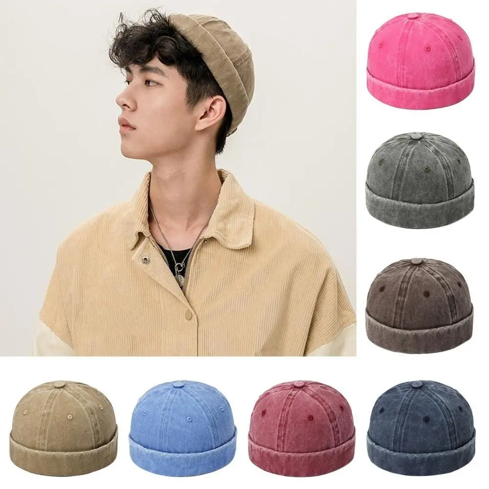 Outdoor Washed Denim Brimless Docker Cap Solid Color Adjustable Vintage Dome Hat Cotton Melon Beanie Cap Boy Girls