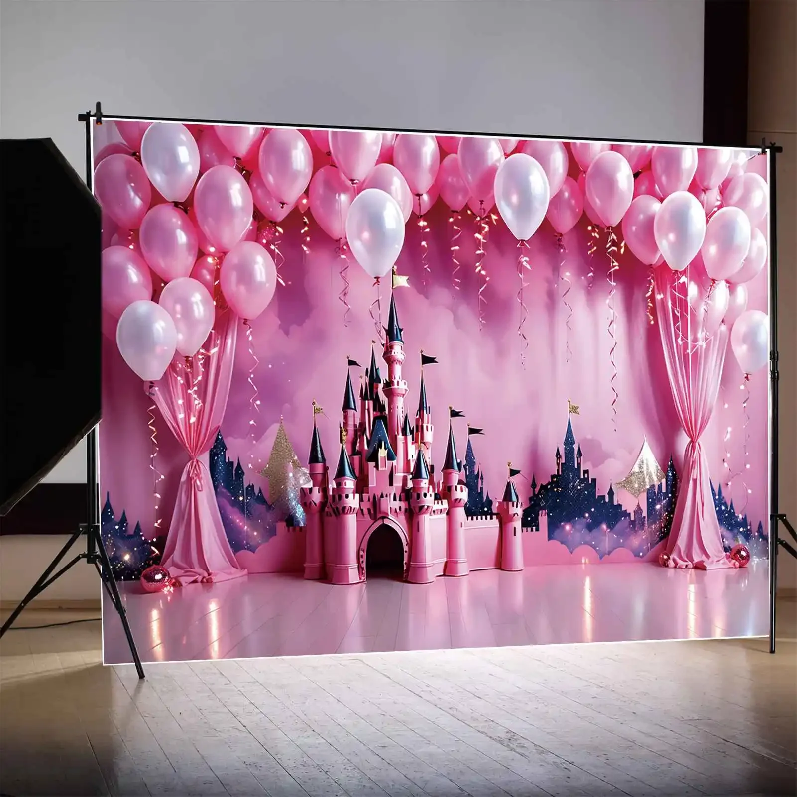 MOON.QG Backdrop Princess Birthday Party Decor Pink Castle Balloons Curtain Background Custom Fringe Mountain Photography Props