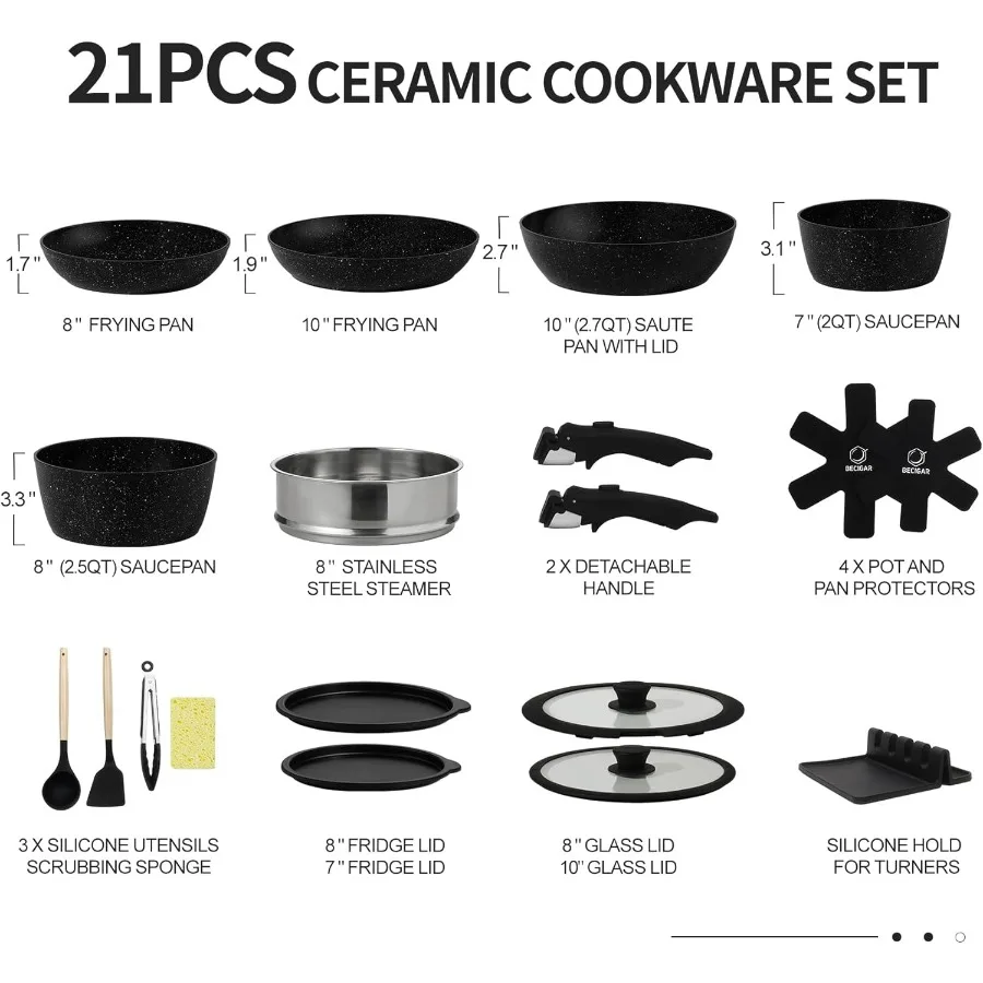 Nonstick Ceramic Cookware Set 21PCS with Detachable Handle, Pans and Pots Set, RV Kitchen Set Cookware Set, Pan Pots with Remova