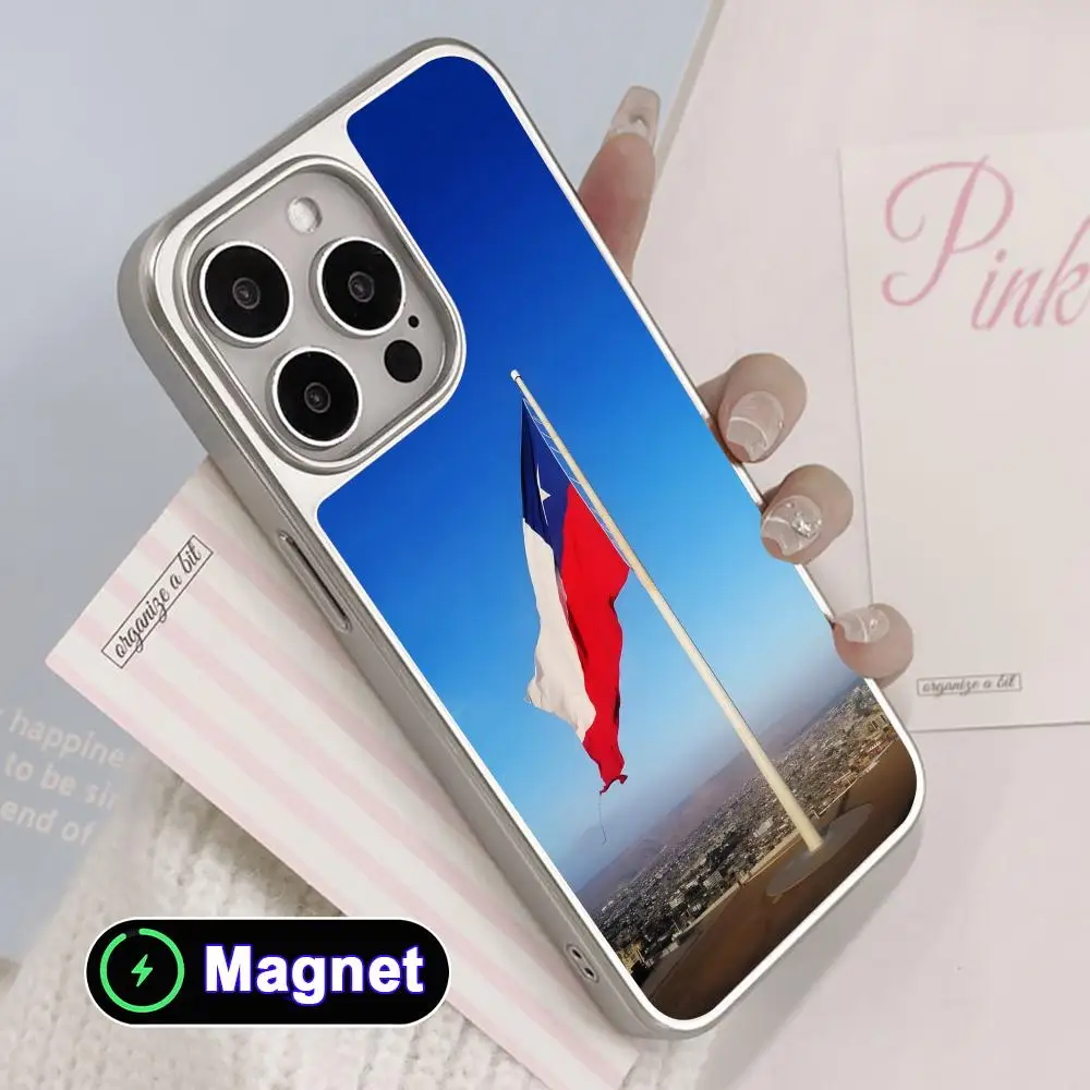 

Chile Flag Phone Case for iPhone 17 16 15 14 13 12 11 Air Pro Max Plus Electroplated Silver Magnet Cover