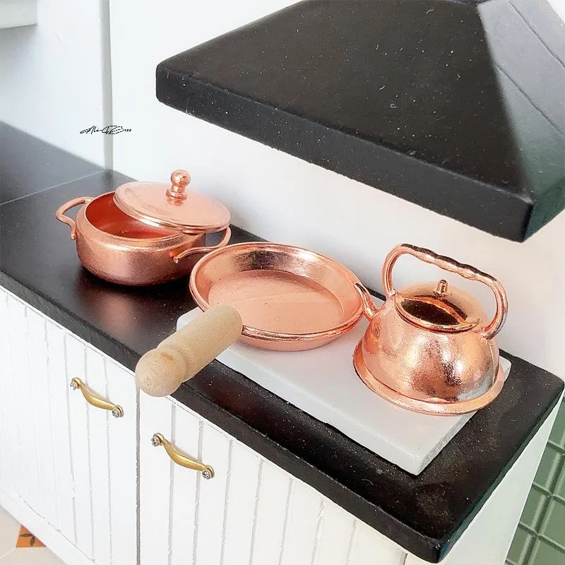 Sartén para casa de muñecas, olla para sopa, hervidor, juego de hervidor, utensilios de cocina para el hogar, decoración, casa de muñecas, accesorios de escena de vida, 1/12