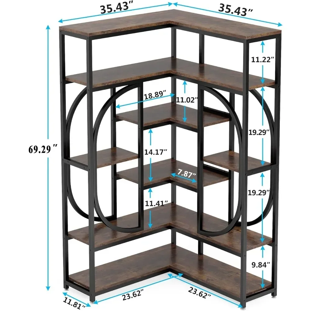 7-Shelf Corner Bookshelf, Large Modern Corner Bookcase, Tall L-Shaped Corner Shelf Stand Display Rack with Storage