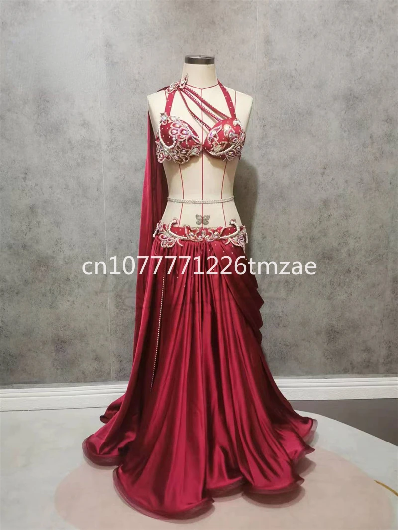 Red Belly Show Costume Handmade Long Sleeve Sleeve Red Luxury Women Oriental Dance Performance Costume