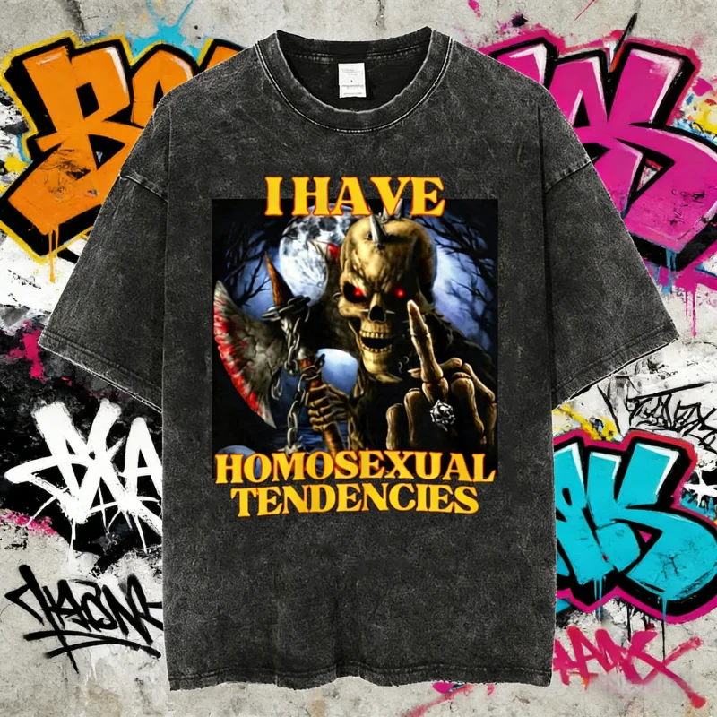 

2025 Summer Autism Skeleton Meme Human Funny Skull Men Women Harajuku Gothic Vintage Washed Oversized Leisure Cotton T-shirt