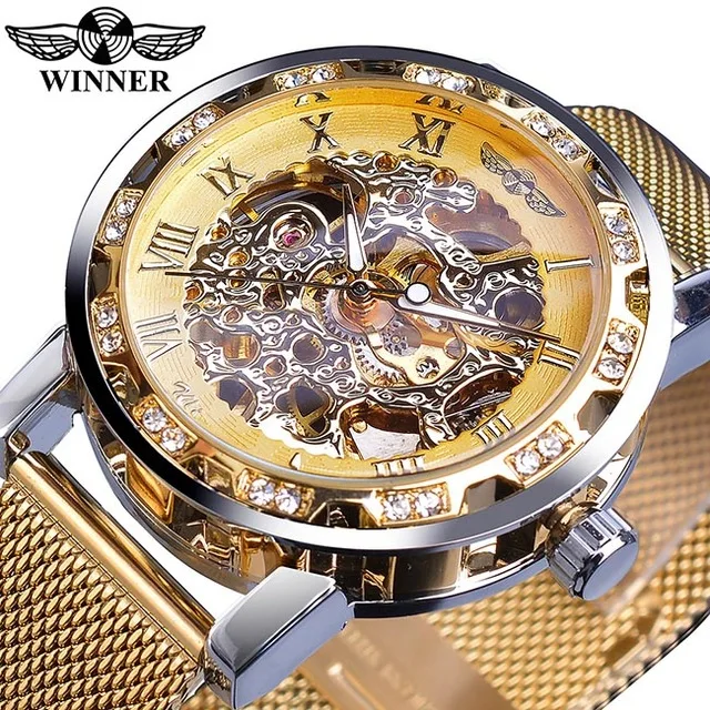 WINNER brand Golden Men mechanical watch skeleton fashion business mesh steel strap watch men and women watch