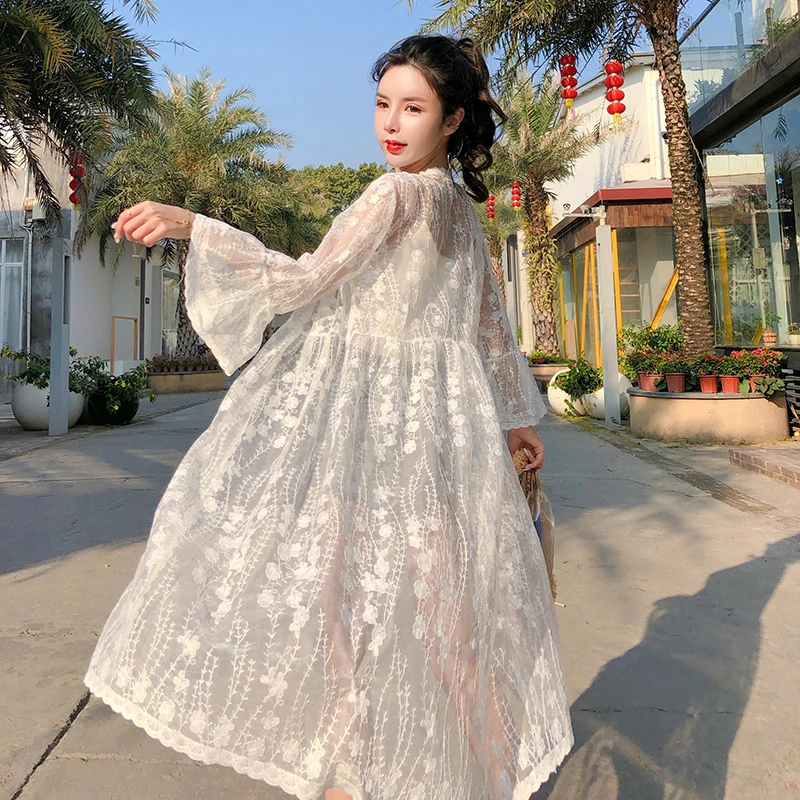 Summer Beach Style Lace Cardigan 2022 Flared Sleeve Thin Sunscreen Outerwear Female All-Match Holiday Midi Length Shawl