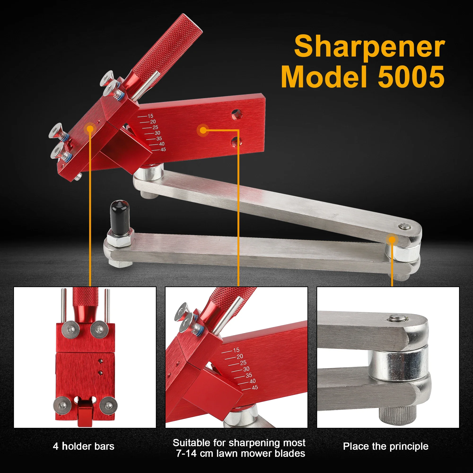 

15-45 Degrees Adjustable Lawn Mower Blade Sharpener Use with Angle Grinder Ball Bearing Handle For Right & Left Hand Blades Red