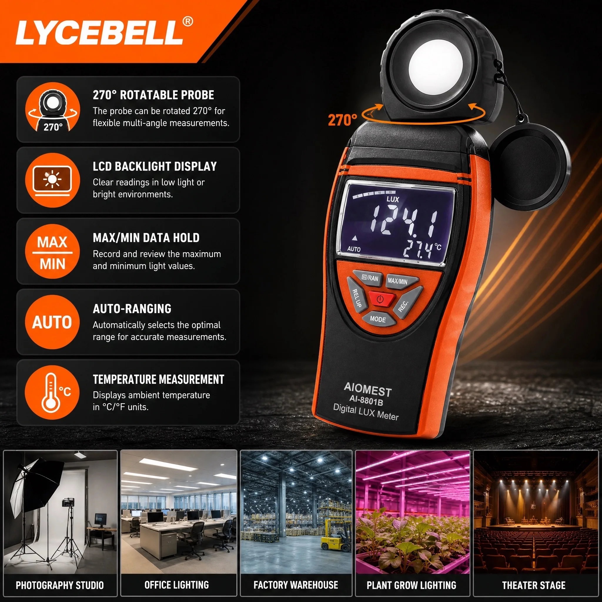 HoldPeak 8801B Digital Lux Meter 1-400,000Lux 0.1Lux/Fc ±4% 270° Rotatable Probe Data Record MAX/MIN Temp Backlight