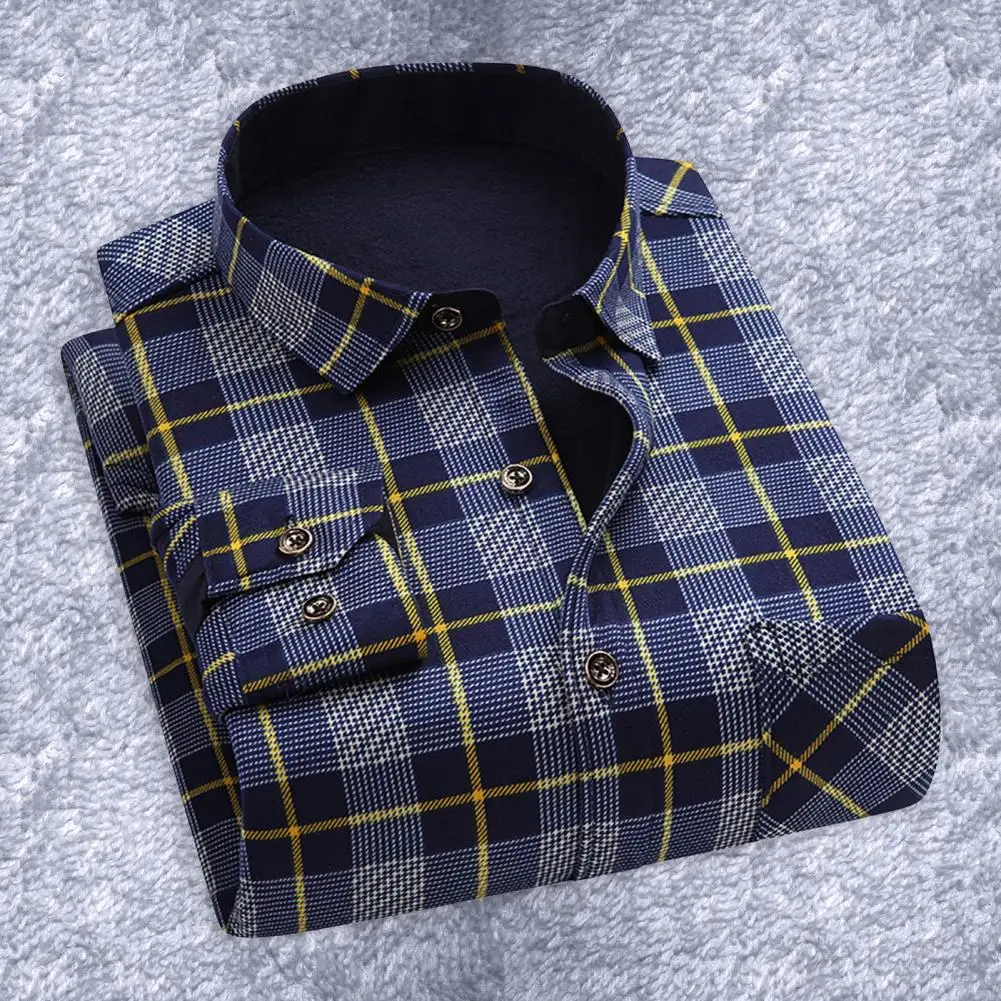 Men Winter Shirt Plaid Print Soft Long Sleeves Thick Plush Keep Warm Cardigan Single-breasted Spring Shirt for Daily Wear